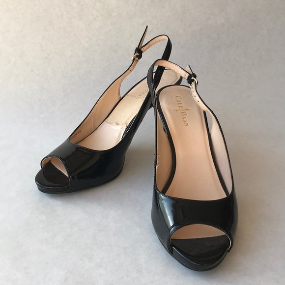 Black Cole Haan Margot Peep Toe Silngback Heels - Picture 4 of 7